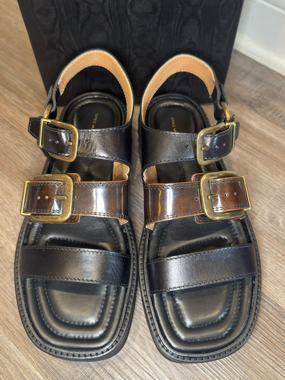 Dries Van Noten Buckle Black Brown Leather Dual Strap Platform Sandals - Picture 5 of 14